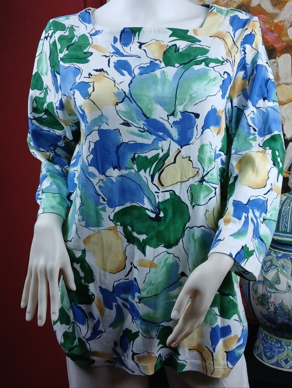 Women’s Floral Watercolor Long-Sleeve Top - Blue Green Yellow